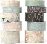 YUBX Creative Washi Tape Set 10 Rolls Gold Foil Print Decorative Masking Tapes for Arts, DIY Crafts, Journals, Planners, Scrapbook, Wrapping (Geometric Order)