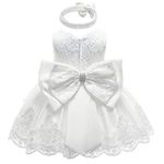 HOIZOSG Baby Christening Dress Lace Pageant Baptism Wedding Formal Bowknot Birthday Party Tutu Flower Girls Dress w/Headwear, White, 0-3M