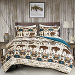 Moose Bear Deer Printed Bedding Set, Rustic Country Cabin southwestern Print Comforter Size Western brown cream teal color ranch farmhouse lodge Bedding Set Reversible with pillow shams (King)