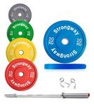 Strongway® Olympic 50KG 70KG 100KG Bumper Weight Plates Sets with 6FT 7FT Barbell - Colour Coded 2 Inch (2") / 50mm Hole - Rubber Coated Cast Iron (70KG SET + 7FT BAR)