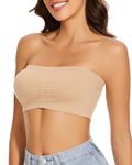 WOWENY Bandeau Bra Padded Tube Bra for Women Wire Free Strapless Seamless Bralette Stretchy with Removable Pads Beige, M