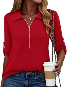 Bulotus Womens 3/4 Sleeve Tops Fall Collared V Neck Tunic Zip Front Long Shirt Ladies Business Casual Officer Dressy Hide Belly Clothing with Leggings A-Red XL