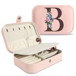 Seorsok Personalized Letter Jewelry Box, PU Leather Travel Portable Case with Doubel Layer, Pink Alphabet Flower for Women Mom Girls Gift, Jewelry Storage Case for Rings Earrings Necklace, Letter B