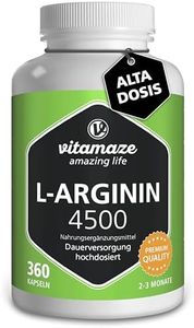 Vitamaze® L-Arginina 4500 mg Altamente Concentrada, 360 Cápsulas, Adecuado para las Personas Alérgicas, Pura Natural L-Arginine HCL sin Aditivos Innecesarios, Calidad Alemana