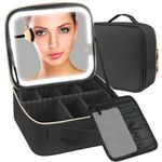 Travel Makeup Case with Lighted Mirror 3 Color Setting,Cosmetic Makeup Train Case with Adjustable Divider,Travel Makeup Bag with Light Up Mirror for Makeup Brushes,Makeup Accessories,Tools Case,Women,