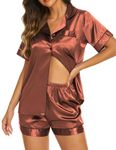 Ekouaer Womens Pajama Sets Women's Two Piece Satin Button Down Sleepwear Notch Collar Nightshirt with Lounge Shorts Set Brown,Medium