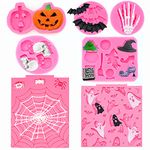 7 PCS Halloween Cake Fondant Molds, Halloween Mini Resin Molds Polymer Clay Molds, Pumpkin Ghost Bat Witch Spider Web Skull Skull Hand Non-Stick Silicone Chocolate Molds