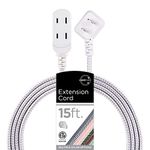 Cordinate 43431-T1, White/Gray, Designer 3 Extension, 2 Prong Power Strip, Extra Long 15 Ft Cable with Flat Plug, Braided Chevron Fabric Cord, Slide-to-Close Safety Outlets, 43431, 15 Ft, 15 Ft, White/Grey