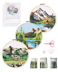 Santune 3 Sets Embroidery Kit for Beginners,Cross Stitch Needlepoint Kits for Adults Starter Easy Snowy Mountain Pattern Fabric Hand Crafts,Hoops,Needle,Women DIY Hanging Plants,Sewing Hobby