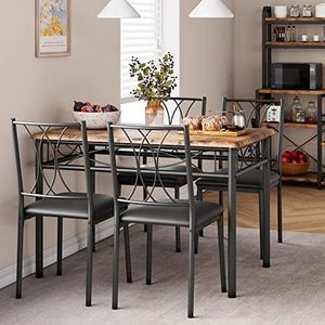 Amyove Dining Table Set for 4, Kitchen Table and Chairs, Dining Room Table Set with 4 Upholstered Chairs, Kitchen Table Set Rectangular Dining Table for Small Space, Apartment, Breakfast, Rustic Brown