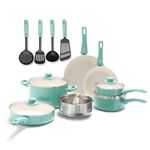 GreenLife Soft Grip Healthy Ceramic Nonstick, 15 Piece Cookware Pots and Pans Set, Induction, PFAS-Free,Turquoise