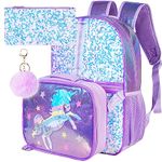 UFNDC 3PCS Backpack for Girls Boys with Lunch Box,16”Kids Sequin Bookbag with Lunch Box, School Bag for Elementary Toddler, 3pcs Unicorn Purple, One Size, Unicorn Backpack