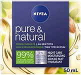 NIVEA Pure & Natural Moisturizing Night Care (50 mL), Night Cream with Nourishing Organic Argan Oil, Face Cream with Almond and Jojoba Oil for All Skin Types