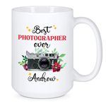 Floral Camera Ceramic Mug - Custom Best Photographer Ever Teacup with Name - Photographer Gift - Photographer Pottery Mug for Coworker - Personalized Photographer Cup - White Coffee Cup 11oz 15oz