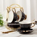 DUJUST Tea Cups and Saucers Set of 4 (7.4oz), Luxury Tea Cup Set with Golden Trim, Black Coffee Cups with Metal Stand, British Porcelain Tea Party Set