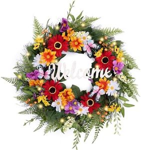 Valery Madelyn Spring Summer Wreaths for Front Door,Collapsible 24 Inch Door Wreath with Daisy Flower,Butterfly and “Welcome” Wood Sign Floral Wreath for Wedding, Wall, Home Decorations