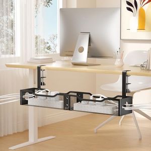 Punmoy Under Desk Cable Management Tray 25.12", Extra Large Cable Management Under Desk No Drill, Cord Organizer for Desk with Adjustable Clamps, Desk Cable Management for Home Office, Black