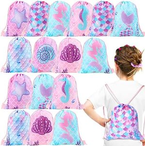 16 Bolsas de Recuerdo de Fiesta de Sirena Bolsa con Cordón de Sirena Mochila de Sacos de Regalos de Dulce Bolsas de Golosinas de Peces de Cumpleaños Temáticas bajo el Mar, 25 x 30 cm