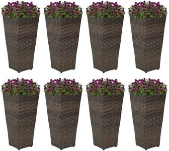 Sunnydaze Square Tall Wicker Outdoor Planter Set of 8 - Polyrattan Large Outdoor Planters for Porch, Patio or Garden - 24" Tall Plant Pots - Brown