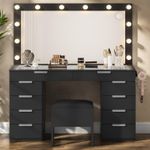 YITAHOME Vanity Desk with Large Mirror, Glass Tabletop Makeup Vanity Set with 10-Drawe & Charging Station, Large Dressing Table with Storage Chair & 3-Color Brightness Adjustable Lighting, Coal Black