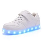 Kids LED Lights Up Shoes 7 Colors Flashing Trainers Luminous USB Charging Lace Up Sneakers Sport Running Shoes/Unisex Boys Girls Children Birthday Gifts White