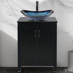 ARTETHYS Bathroom Sink Cabinet, Bathroom Vanity Units with Basin, 60cm Black Bathroom Cabinet Free Standing with Cloakroom Blue Glass Vessel Sink