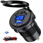 GOBGOD 12V/24V USB C Car Charger Socket USB C Outlet Dual 45W PD Type C & 18W QC3.0 Port with LED Voltmeter (Blue)