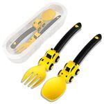 Construction Baby Cutlery Set - Toddler Fork and Spoon Set - Suitable for Kids Cutlery Set - Baby Self Feeding Spoons, Portable Toddler Cutlery Set for 1 2 3 4 5 Year Old Toddlers - Yellow