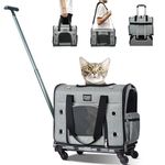 Cat Dog Carrier with Wheels, Foldable Airline Approved Pet Carrier Bag, Rolling Pet Travel Carrier with Telescopic Handle and Shoulder Strap for Small Medium Animals Travel Outdoor Vet Visits (Grey)