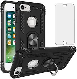 Phone Case for iPhone 6/6s/7/8 with Tempered Glass Screen Protector Stand Ring Holder Shockproof Heavy Duty Cell Accessories i Phone6s Phone7s Phone7phone Six Seven 6a i6 i7 i8 7s 8s S Women Men Black