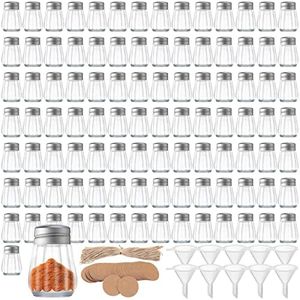 100 Pack Mini Salt and Pepper Shakers Bulk Glass Salt and Pepper Holders Small Clear Parmesan Cheese Shaker Spice Shaker Tiny Retro Style Dispensers with 10 Plastic Mini Funnels 100 Tags 100 Ropes