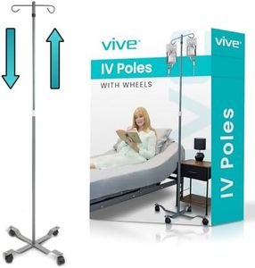 Vive IV Pole with Wheels (4 Pack) - IV Fluids Bag Stand with 2 Hooks and Adjustable Height - Portable IV Pole for Home Care, Hospitals, Clinics and Travel - Safe and Easy to Move Medical IV Drip Stand