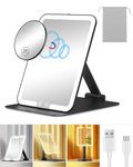 Gospire Rechargeable Travel Makeup Mirror with Lights and Magnification 10X, Foldable Stand & Angle Sensor Light, 3 Light Colors & Stepless Dimming, Lighted Mirror LED Vanity Mirror