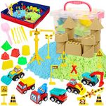 Play Sand for Kids, 3lbs Magic Sand, 6 Mini Construction Trucks, Construction Toys and Signs, Castle Sand Molds Tools, Foldable Sandbox and Storage Bin Tote, 43PCS Sandbox Toys Set for Boys Grils