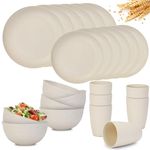 RVXHUA Reusable Plastic Dinnerware Sets for 6, Wheat Straw Microwave Safe Cups Plates and Bowls Set, Unbreakable Kitchen Dish Set for RV Camping Picnic Dorm, 24 Pcs, Beige