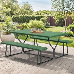 YITAHOME Picnic Table Heavy Duty Outdoor Picnic Table and Bench with Weather Resistant Resin Tabletop & Stable Steel Frame for Yard Patio Lawn Party Green