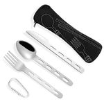 Fuyamp 3Pcs Camping Cutlery Set with Portable Pouch Case, Stainless Steel Flatware Camping Utensils Set for Knife, Fork and Spoon Set with Carabiner for Travel Hiking Picnic Office School