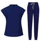 yardsong Sales Today Clearance Womens Scrub Set Cap Sleeve V Neck Nurse Tops with Jogger Pants Working Uniforms Summer Two Piece Outfits Prime of Day 2024 Navy