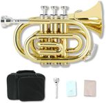 WUQIMUSC Brass Pocket Trumpet Bb Key Nickel Plated with Mouthpiece 7C, Cleaning Kit, Carrying Case, Gloves for Beginners/Students (Golden)