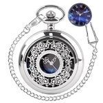 Tiong Vintage Pocket Watch with Chain Hollow Unique Blue Dial Design Quartz Roman Numerals Pocket Watch Best Gifts for Men Women