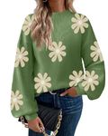 Zeagoo Women's Sweater Long Sleeve Pullover Ribbed Knitted Pattern Casual Tops Sweater Green-Flower