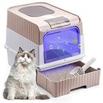 The Fellie Cat Litter Tray with UV Sterilization Function, Large Cat Litter Box with Lid, Anti-Splashing Cat Litter Tray with Drawer Pan and Scoop, Odor Control Easy Clean Foldable Litter Tray, Pink