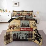 Erosebridal Patchwork Deer Bedding Set, Brown Bear Geometric Checkered Comforter Set for Teens Adults, Wildlife Hunting Theme Duvet Insert Country Style Trees Quilt Full Size with 2 Pillow Cases