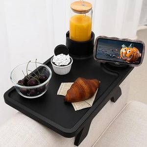 Nnewvante Couch Cup Holder,3 in 1 Large 15.36"x9.85" Bamboo Couch Arm Table Sofa Arm Clip on TV Tray Table with 360°Rotated Phone/Cup Holder, Black