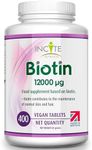 Incite Nutrition Biotin Hair Growth Support Supplement 12,000mcg - 400 Tiny 6mm Tablets (Full Year Plus Supply) - for Men & Women