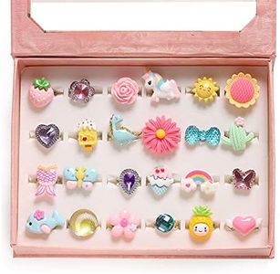 ShellKingdom Girl Rings with Cute Heart Box, Adjustable Jewelry Rings Set and Play Dress Up Rings for Kids and Little Girls, Mermaid/Butterfly/Flower Rings 24 PCS