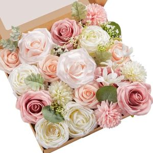 Serwalin Artificial Flowers Pink Fake Flowers for Cake DIY Wedding Bouquets Cake Decoration Mixed Roses Combo Blush Pink and White Flower Centerpieces Arrangements for Party Table Chair Decor