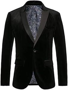 THWEI Mens Velvet Blazer Slim Fit Suit Jacket One Button Tuxedo Blazer Wedding Prom Dinner, Black, 3X-Large