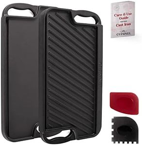 Cast Iron Griddle/Grill + Scraper/Cleaner - Reversible Pre-Seasoned 16.75" X 9.5"-inch Dual Handle Flat Skillet and Griller Pan + Cleaning Accessories - Indoor/Outdoor Stove Top Burner, Gas Safe