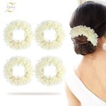 ZAINY 4 Pack Mogra Gajra for Hair, Artificial Scented Jasmine Flowers Hairbun, White Hair Flowers for Women, White Hairband, Mogra Gajra Rubber Band, Reusable Traditional Veni, Hair Accessories Bun, Bracelet, Juda and Wedding (4 PCS)